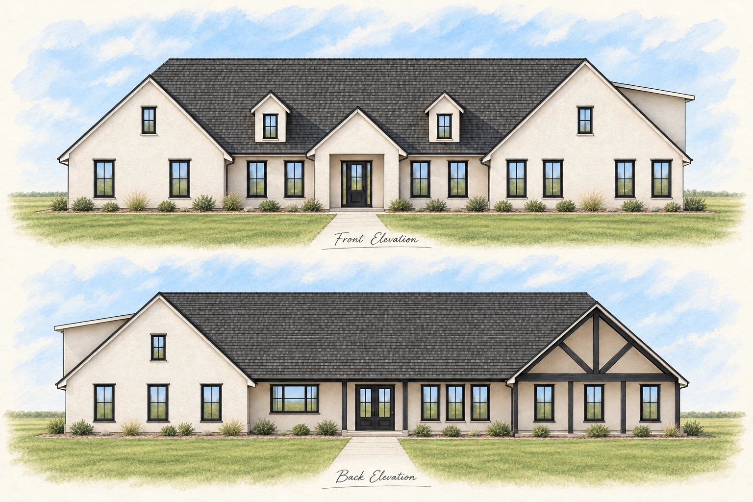 Illustrated front and rear elevations of a custom home with light stucco walls, a dark roof, and a covered rear patio