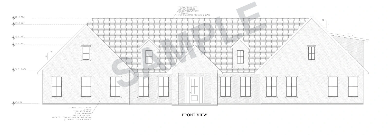 SAMPLE-watermarked front elevation of a European-inspired traditional home